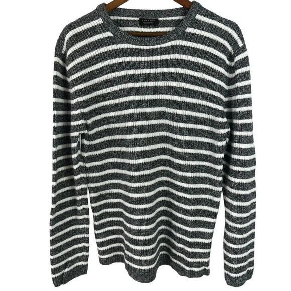 Zara Other - ZARA Man Men's Striped Knit Cotton Sweater Size L Large White & Gray
